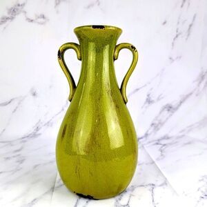 Avocado Green Vase Double Handle Pitcher Ceramic Glazed Crackle 12.5" Tall